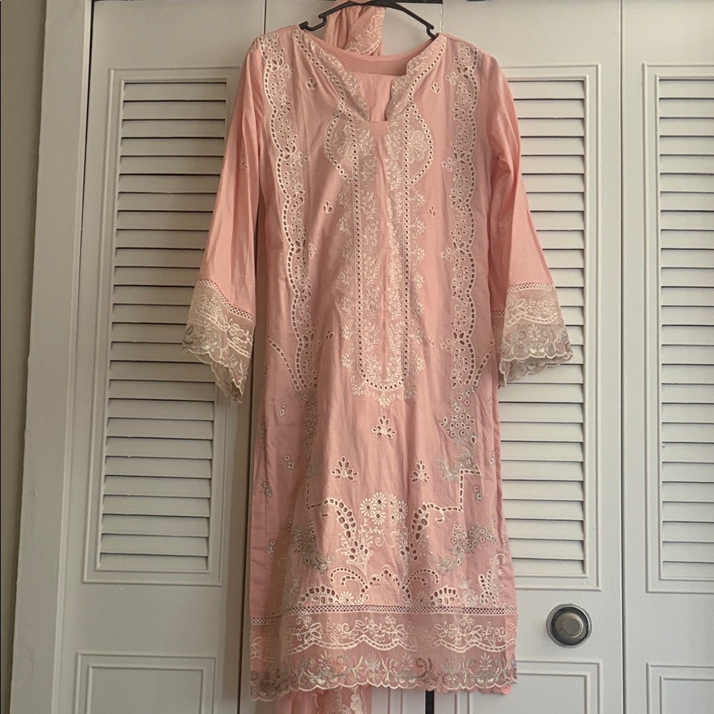 Pink Embroidered Tunic with Lace Trim